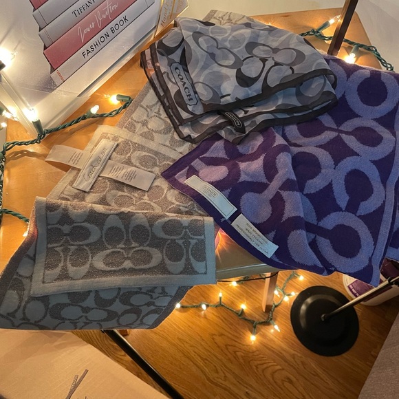 Couch BUNDLE!  2 winter scarves, 1 silk for hair/bag…. Gld/Prpl and Blk/wht. - Picture 4 of 9